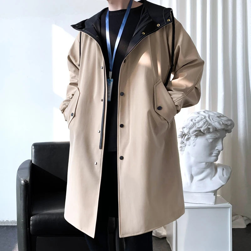 Gabardina para hombre, gabardina con capucha a la moda, otoño, longitud media, cortavientos holgado de un solo pecho, abrigo informal falso de dos piezas