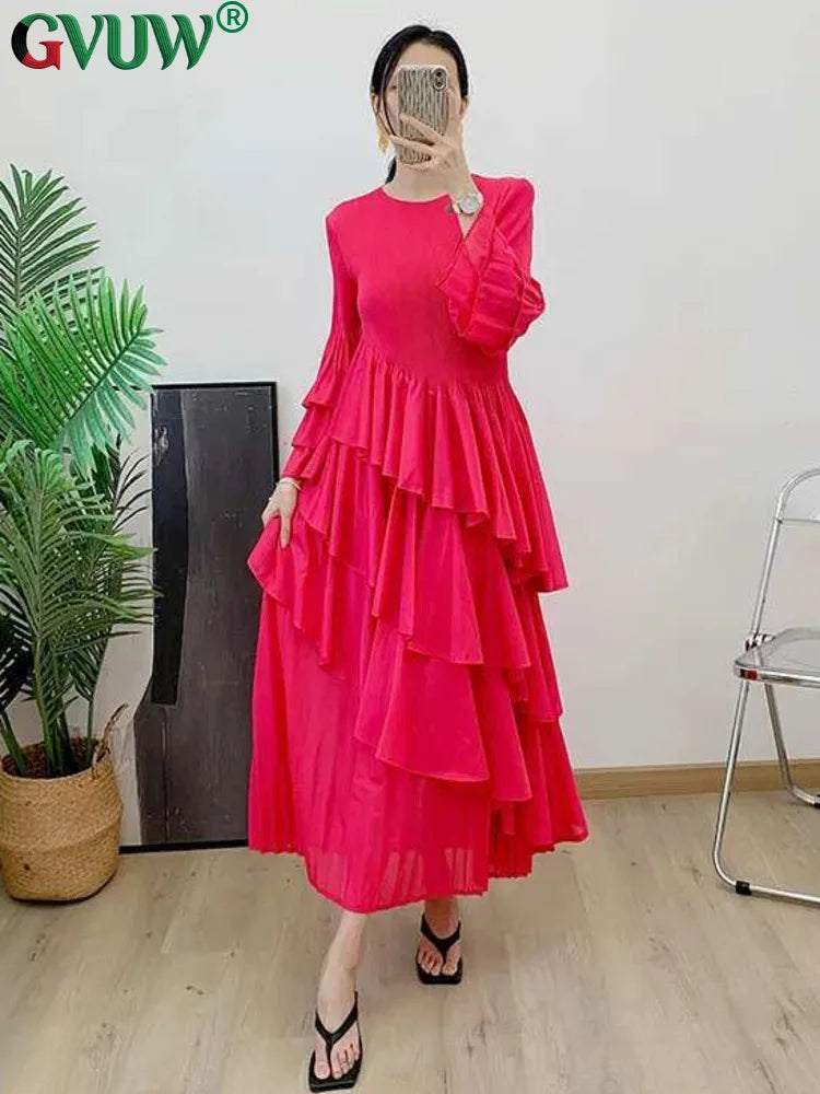GVUW, vestido plisado para mujer, manga acampanada completa, línea A, volantes empalmados, cuello redondo, fiesta de noche, ropa elegante para mujer 17G4475