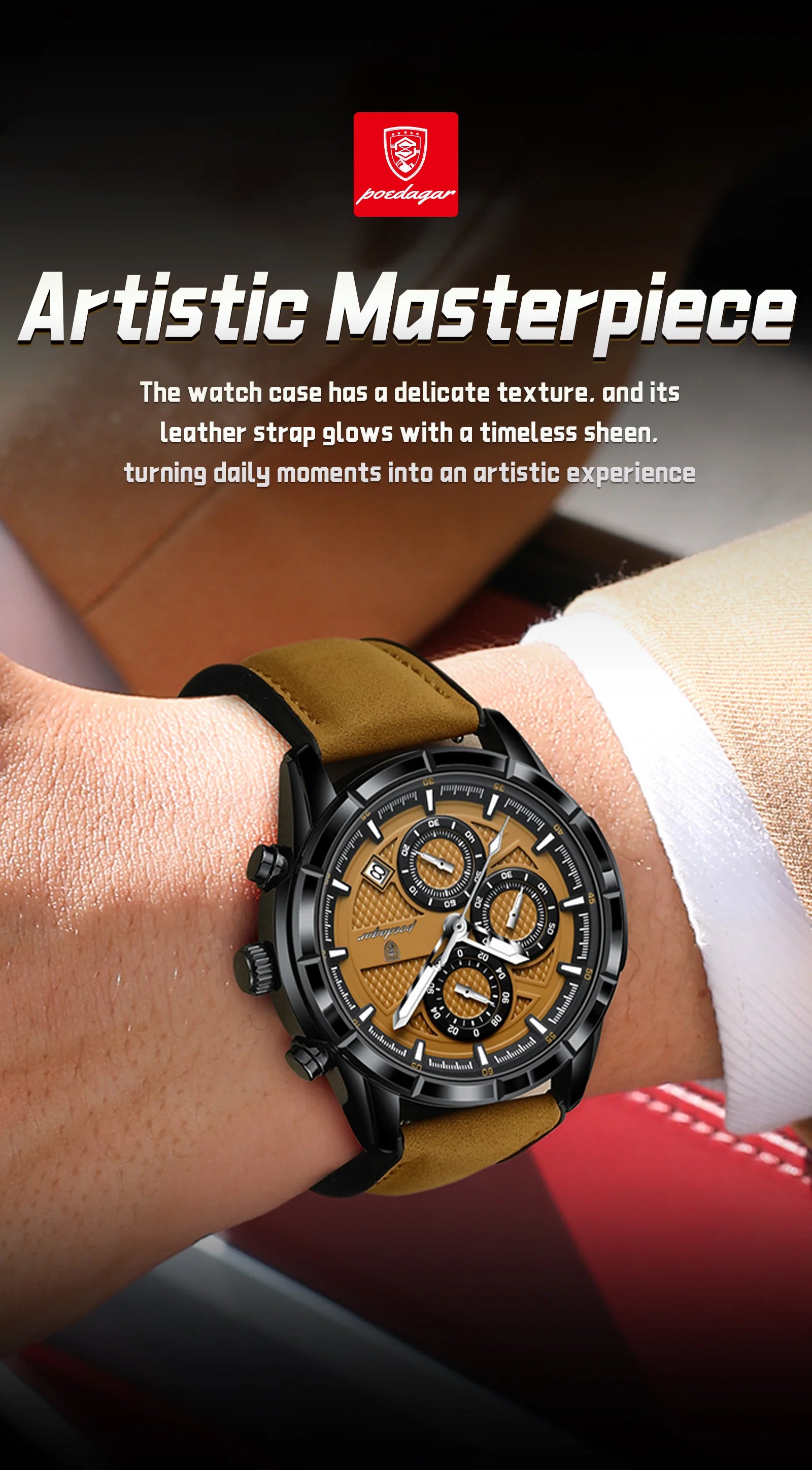 Reloj de pulsera POEDAGAR de lujo para hombre, relojes de cuarzo de cuero originales para hombre, cronógrafo con fecha, reloj luminoso resistente al agua para hombre + caja
