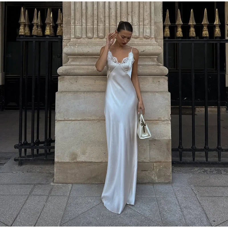 Vestido largo elegante de encaje con retazos para mujer, vestido Sexy con cuello en V sin mangas y espalda descubierta de satén, vestido largo ajustado, vestidos de fiesta de noche para mujer 2025