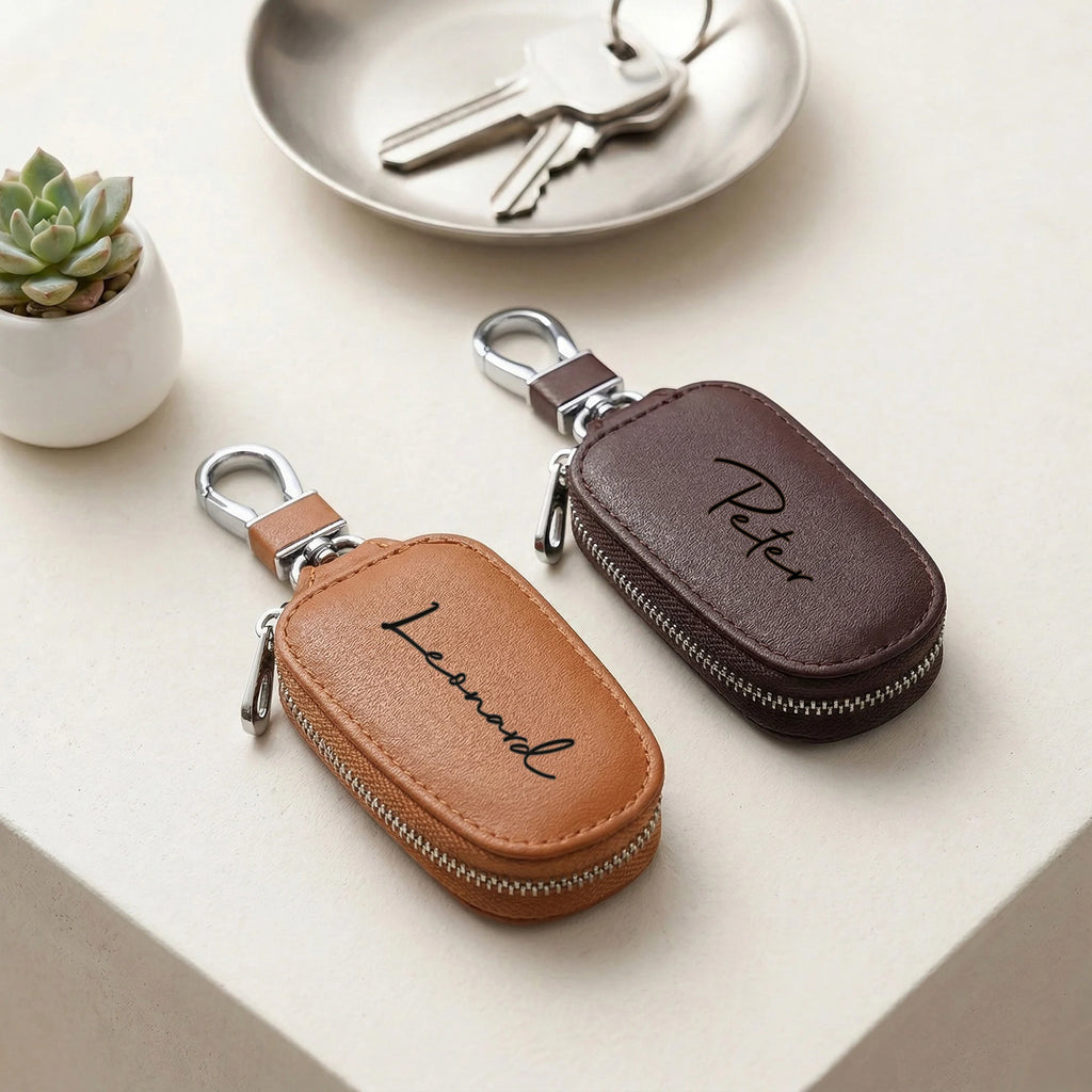 Estuche para Llaves Personalizado con Cremallera, Grabado Láser, Nombre Personalizado, Funda Creativa para Llavero con Cremallera, Cuero Sintético PU Resistente, Regalos