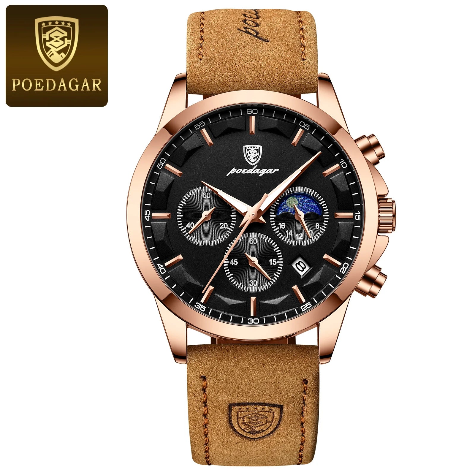 POEDAGAR, reloj deportivo de cuarzo de lujo para hombre, cronógrafo resistente al agua, reloj de pulsera luminoso con fecha para hombre, relojes de cuero de negocios para hombre