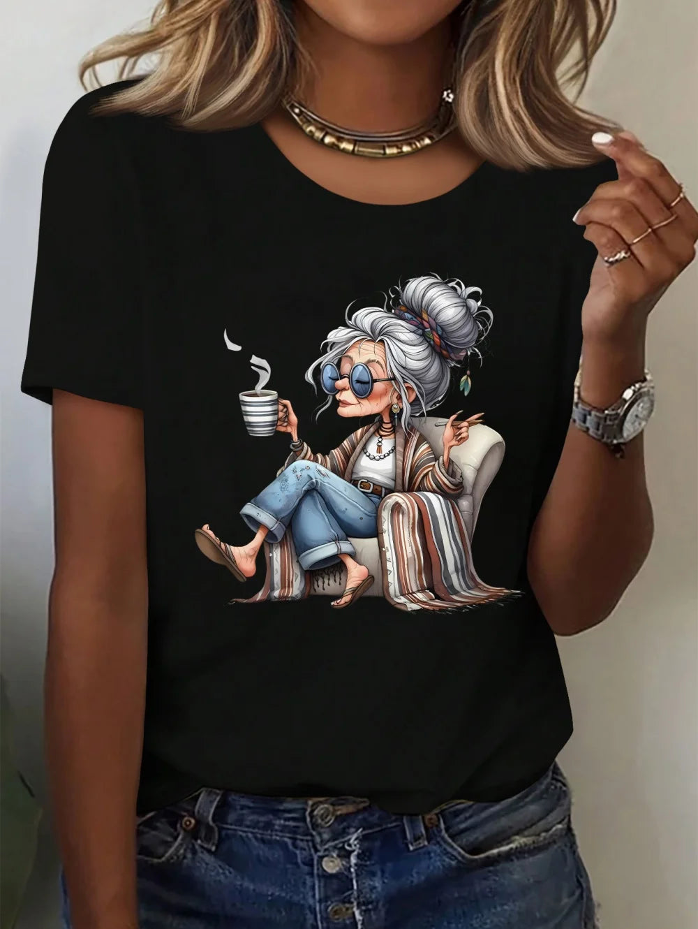 Women's Granny Graphic Print Elegant T-Shirt, Casual Summer Short Sleeve Tee, Funny Cute Crewneck T Shirts, Casual Clothes for Women