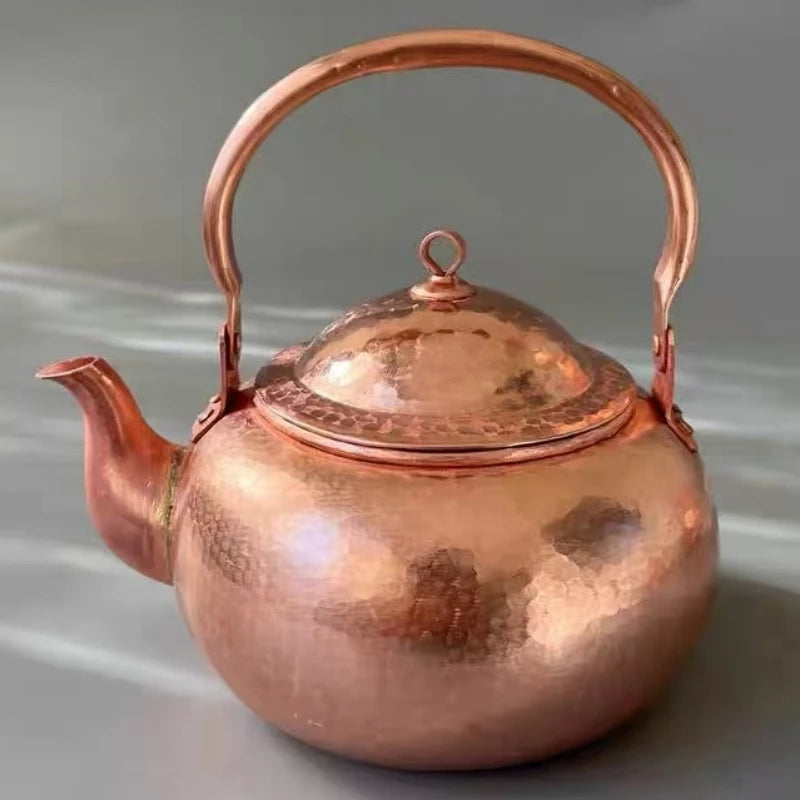 Cafetera de cobre Vintage, textura de martillo hecha a mano para acampar con tapa, hervidor portátil, tetera con filtro grueso resistente al calor