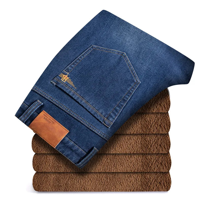 Pantalones vaqueros cálidos para hombre, pantalones de lana gruesos y cálidos para invierno, pantalones vaqueros informales holgados y rectos de talla grande 44 46 48, pantalones clásicos