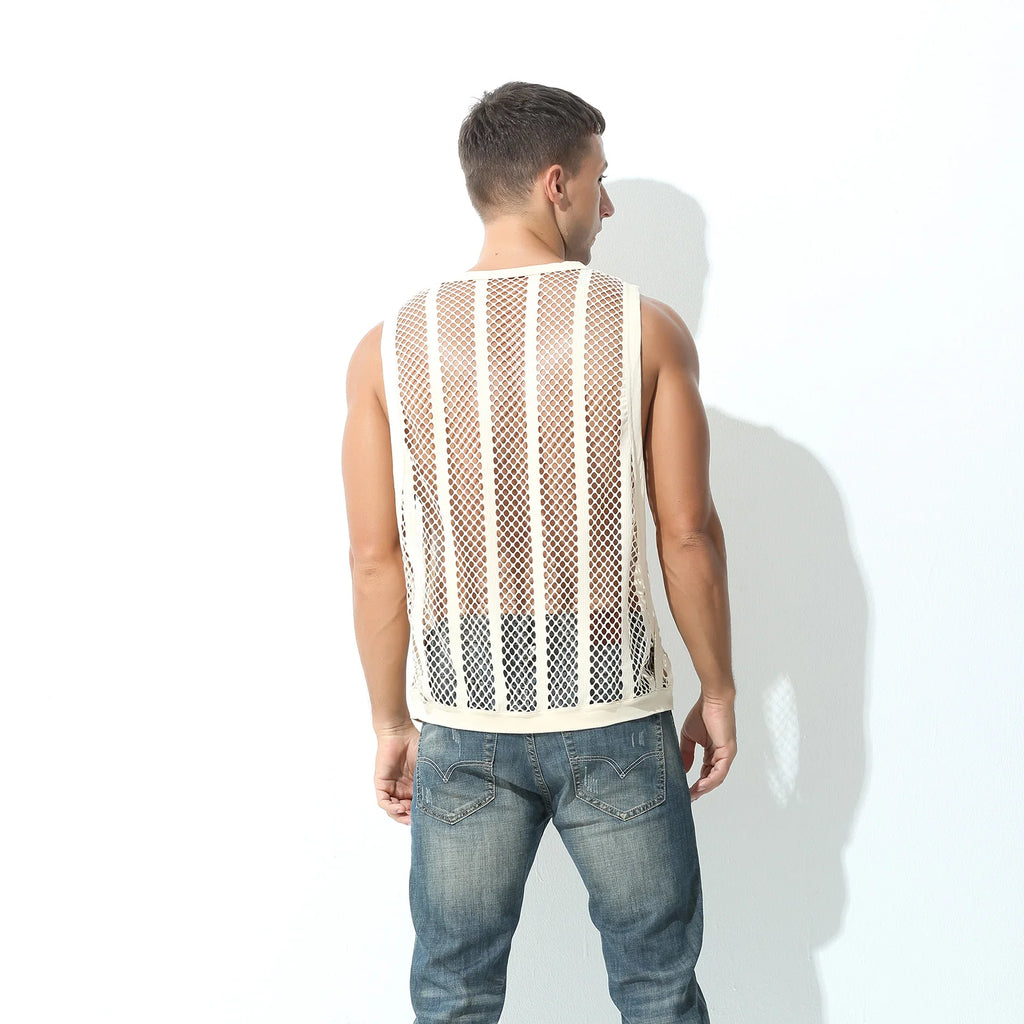 Camisetas sin mangas para hombre, camiseta interior sin mangas, chaleco hueco transparente de malla Sexy, camiseta de rejilla, camiseta musculosa