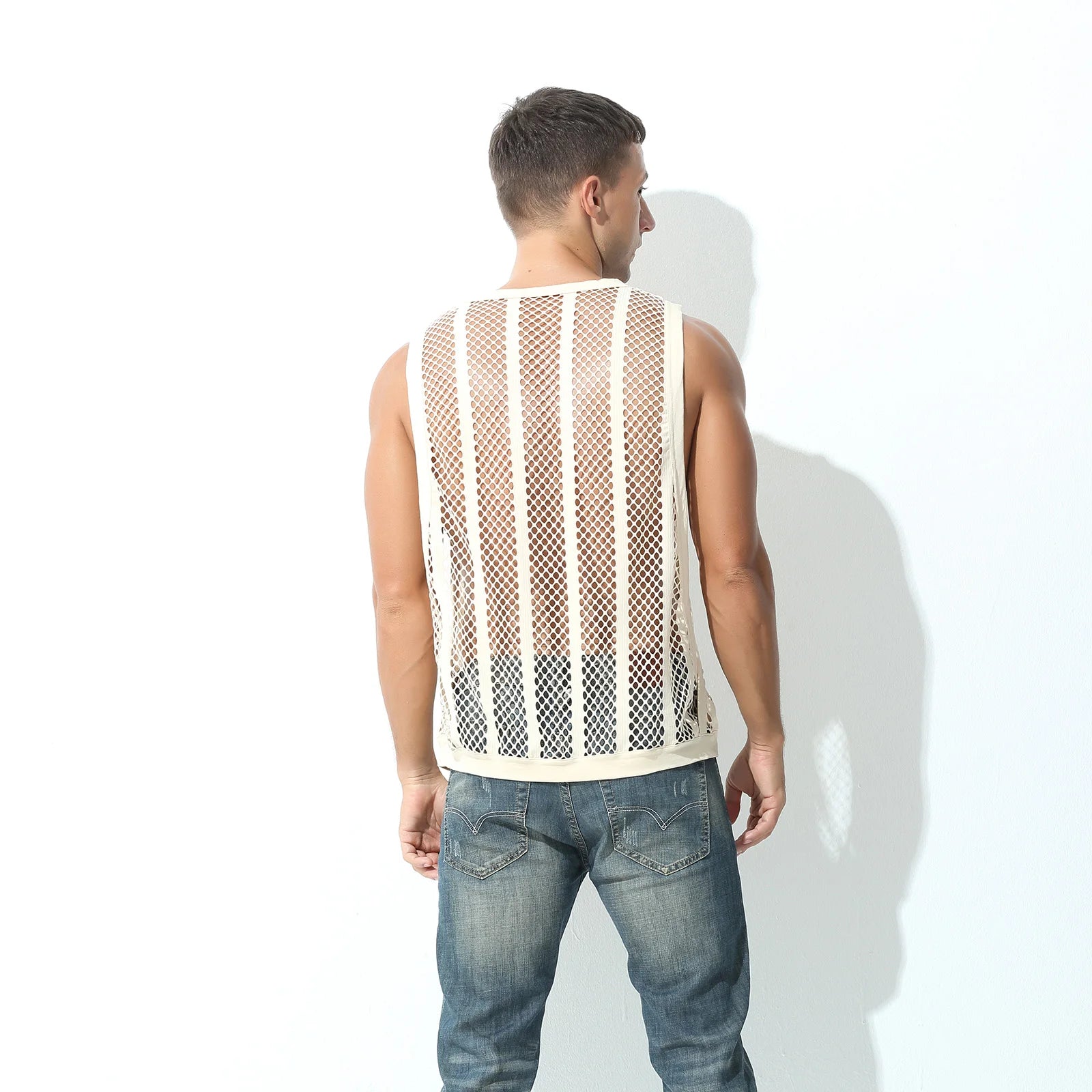 Camisetas sin mangas para hombre, camiseta interior sin mangas, chaleco hueco transparente de malla Sexy, camiseta de rejilla, camiseta musculosa