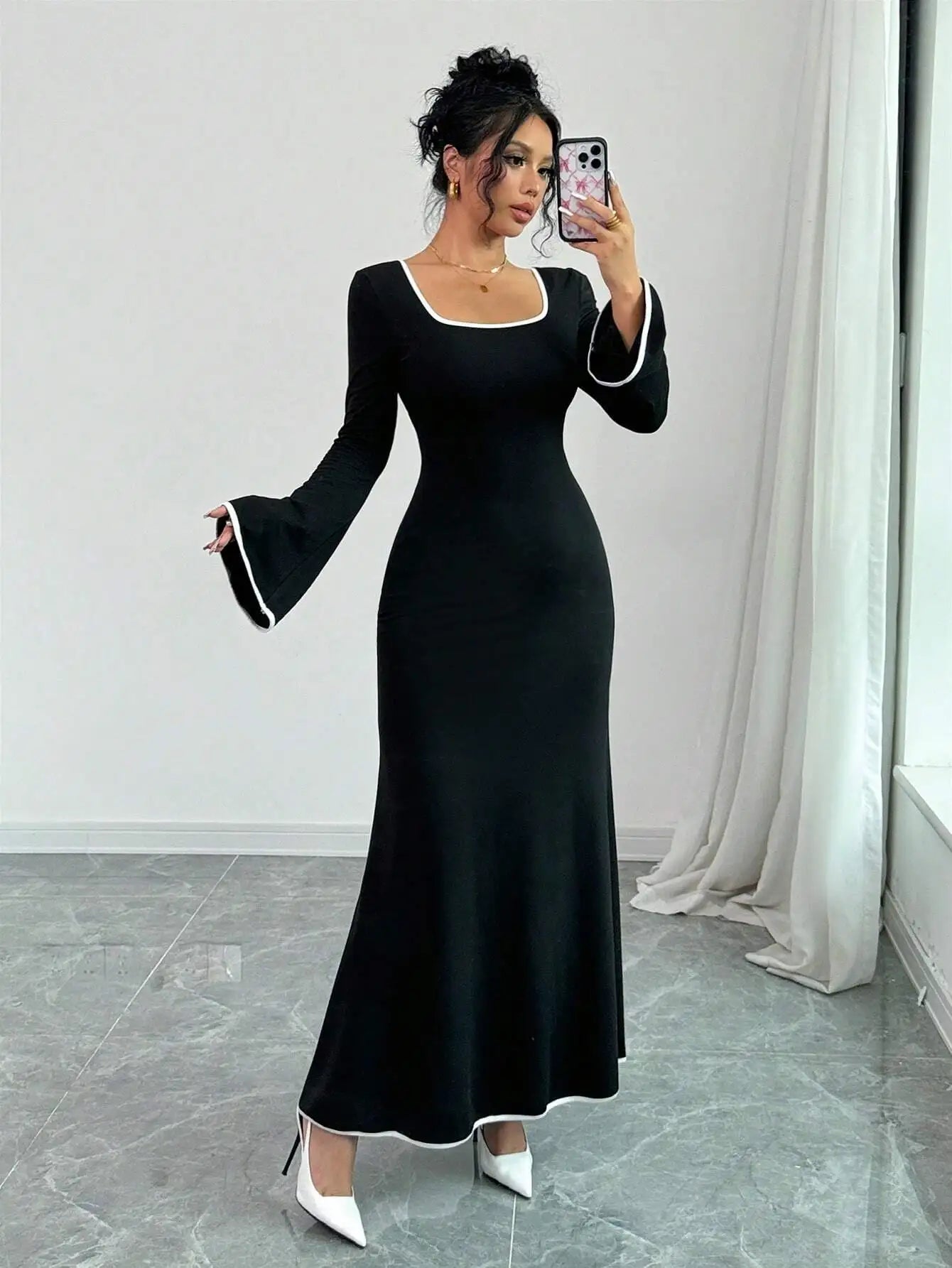 Vestido Elegante con Cuello Cuadrado y Bloques de Color, Estilo Delgado y Femenino, Vestido Casual de Moda para Mujer