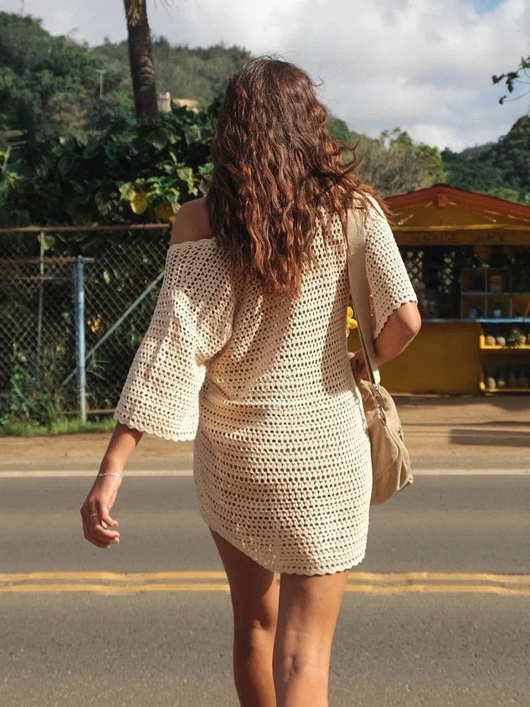 2024 Sexy de punto con cuello en V media manga ahueca hacia fuera la playa Mini vestido de verano 2024 mujeres playa túnica traje de baño cubrir traje Casual K19