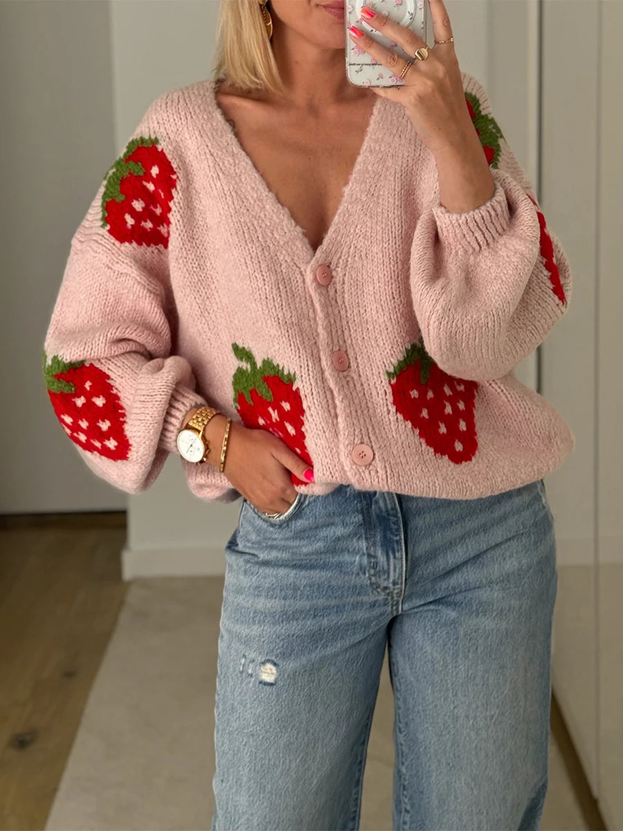 Maemukilabe-cárdigan de punto para mujer, chaqueta informal de manga larga con cierre de botón de fresa, suéter, abrigos de punto para mujer