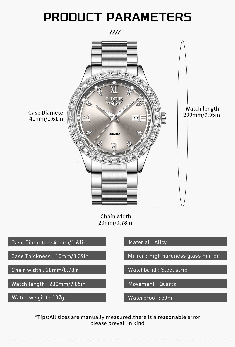 Reloj LIGE elegante para mujer, reloj resistente al agua a la moda, reloj luminoso de cuarzo de negocios de acero inoxidable para mujer, reloj de mujer + caja