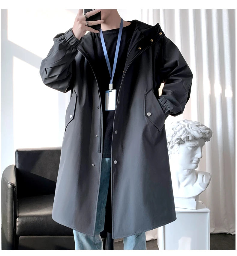 Gabardina para hombre, gabardina con capucha a la moda, otoño, longitud media, cortavientos holgado de un solo pecho, abrigo informal falso de dos piezas
