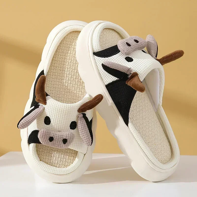 Zapatillas de lino de vaca con dibujos animados, sandalias universales de lino y algodón antideslizantes para interior del hogar, para las cuatro estaciones, 2024