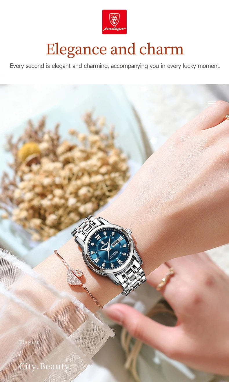 POEDAGAR, reloj de pulsera de lujo para mujer, resistente al agua, luminoso, fecha, semana, relojes para mujer, vestido elegante de acero inoxidable, reloj de cuarzo para mujer