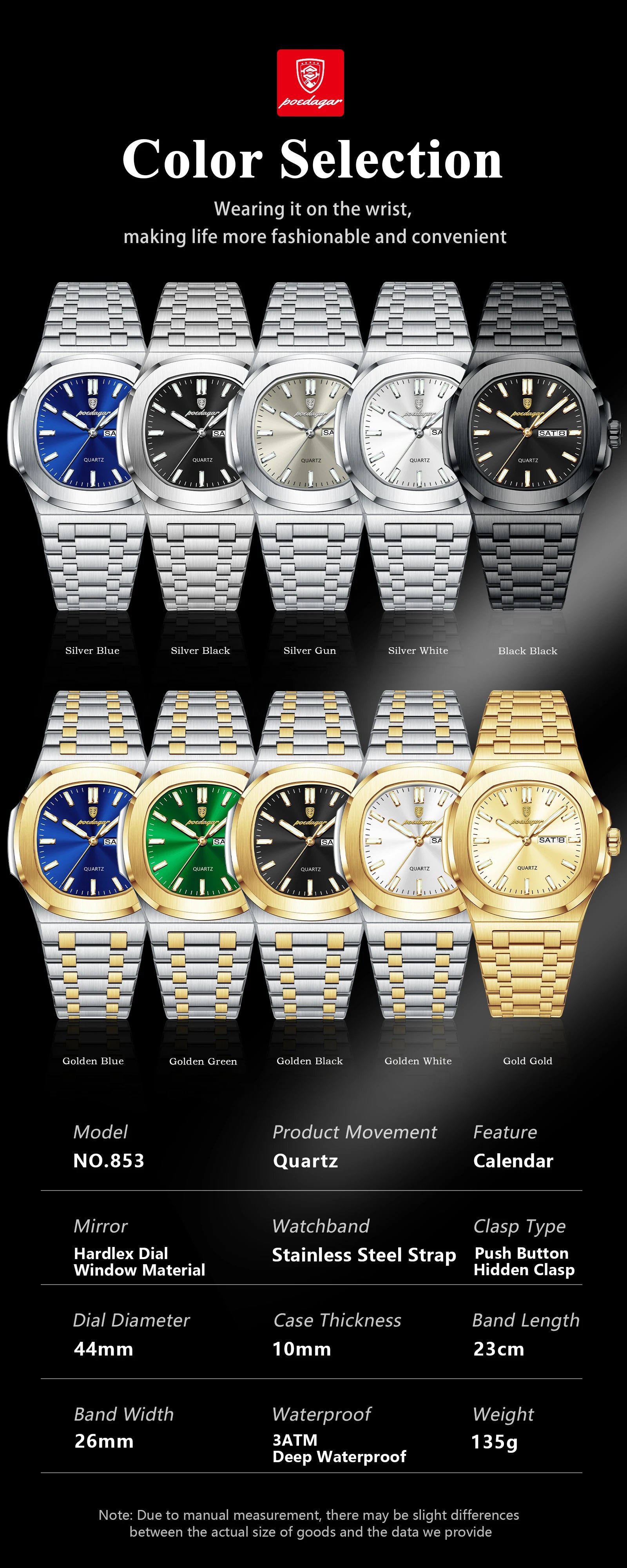 POEDAGAR, relojes cuadrados de lujo para hombre, Reloj luminoso resistente al agua con fecha y semana para hombre, Reloj de pulsera de cuarzo a la moda de acero inoxidable para hombre