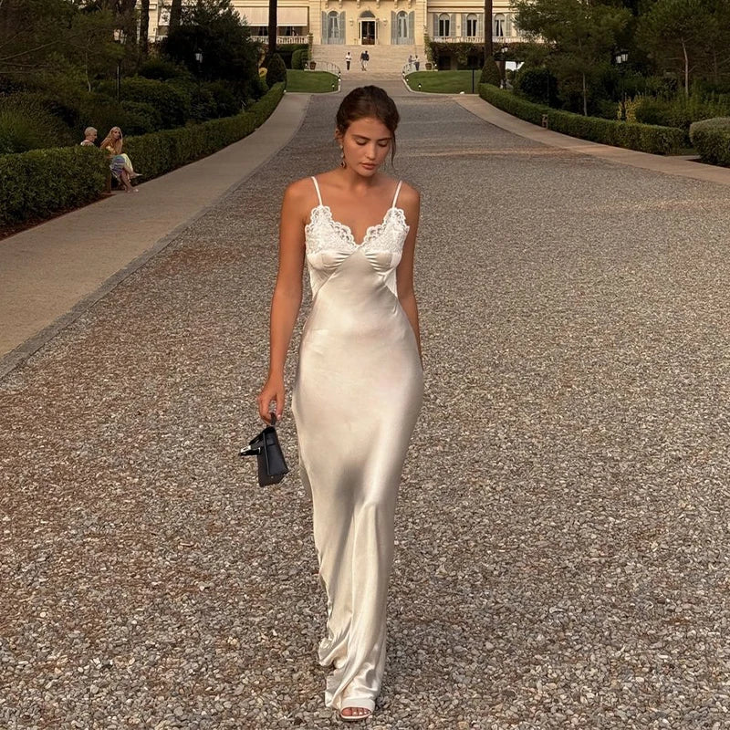Vestido largo elegante de encaje con retazos para mujer, vestido Sexy con cuello en V sin mangas y espalda descubierta de satén, vestido largo ajustado, vestidos de fiesta de noche para mujer 2025