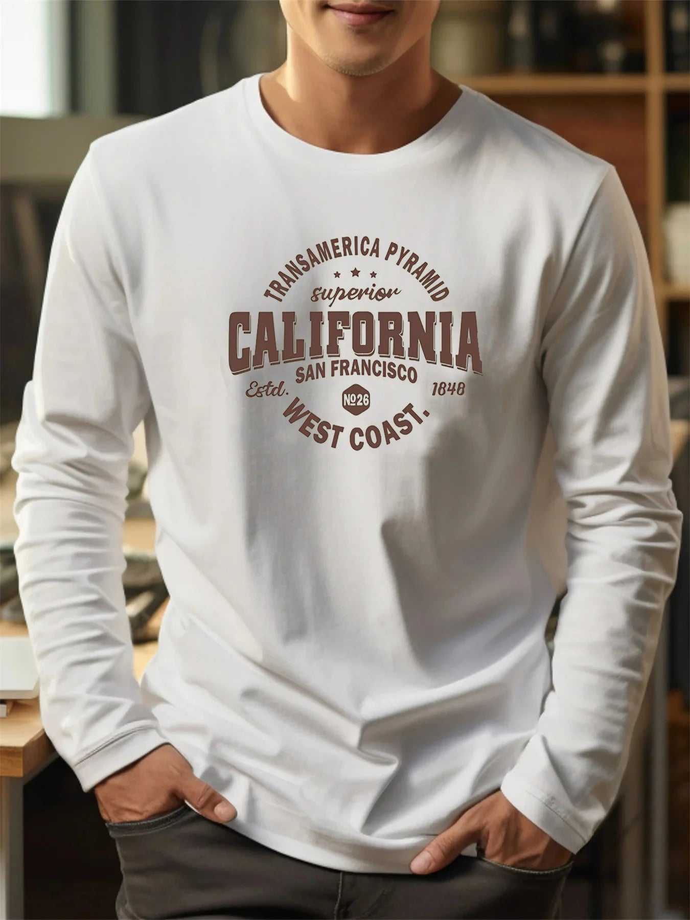 Men's 100% Pure Cotton Loose and Comfortable T-shirt, Long-Sleeve Crew Neck California Letter Print T-shirt for Sports and Leisure