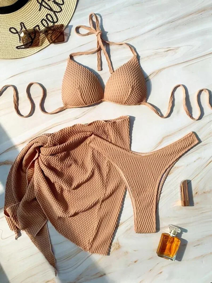 Skirt, Ruched Bikini with Bra Cup, Women's Swimsuit, Women's Bathing Suit, Three-Piece Bikini Set, Push Up Swimsuit, Swimming Beachwear
