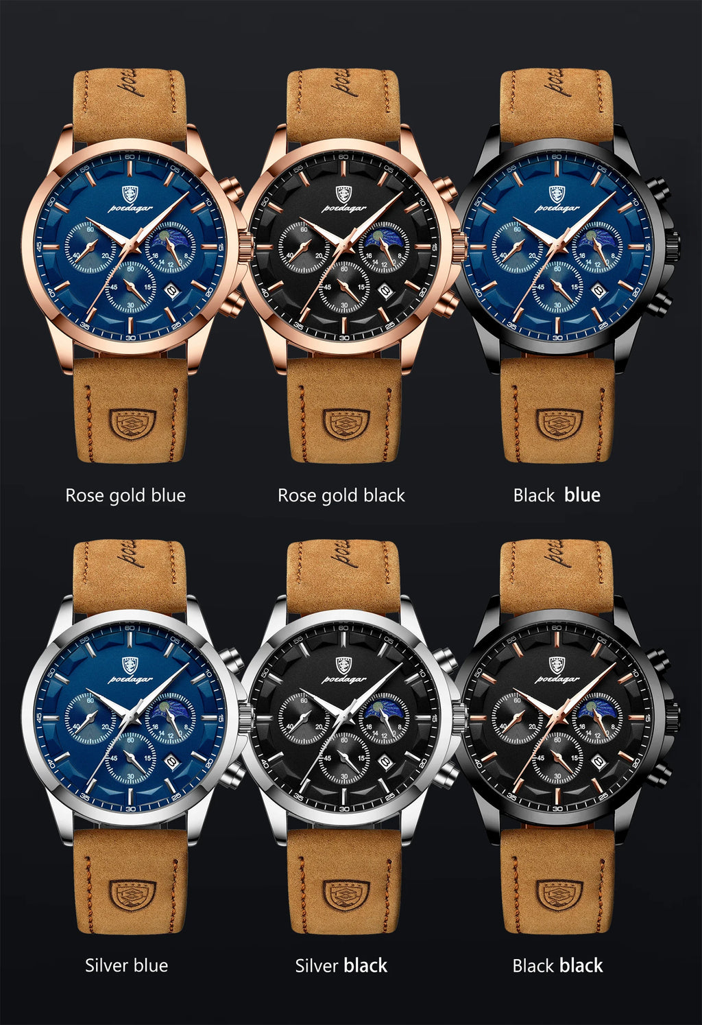POEDAGAR, reloj deportivo de cuarzo de lujo para hombre, cronógrafo resistente al agua, reloj de pulsera luminoso con fecha para hombre, relojes de cuero de negocios para hombre
