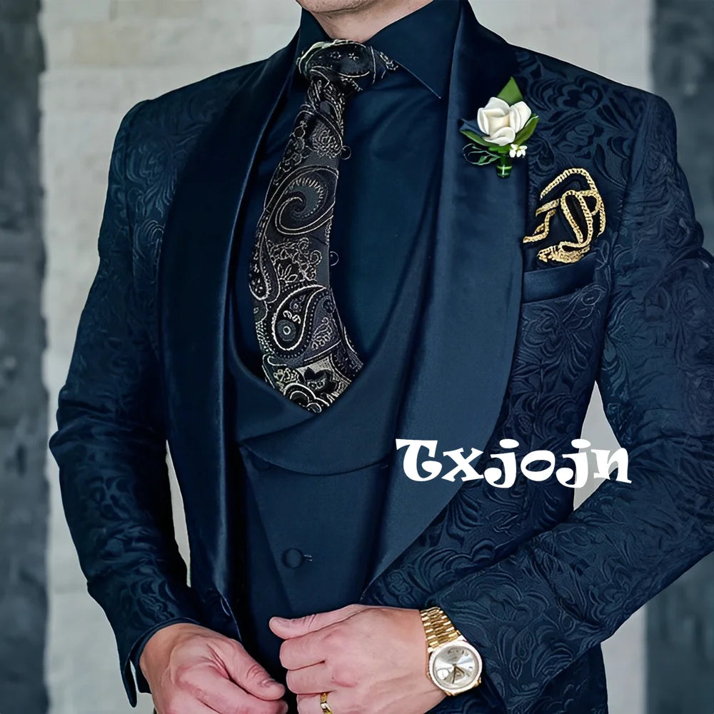 Exquisitos trajes de jacquard de 3 piezas para hombre, conjuntos de novio de boda, bonito conjunto de traje con solapa y chal, ropa de baile, esmoquin Formal para negocios
