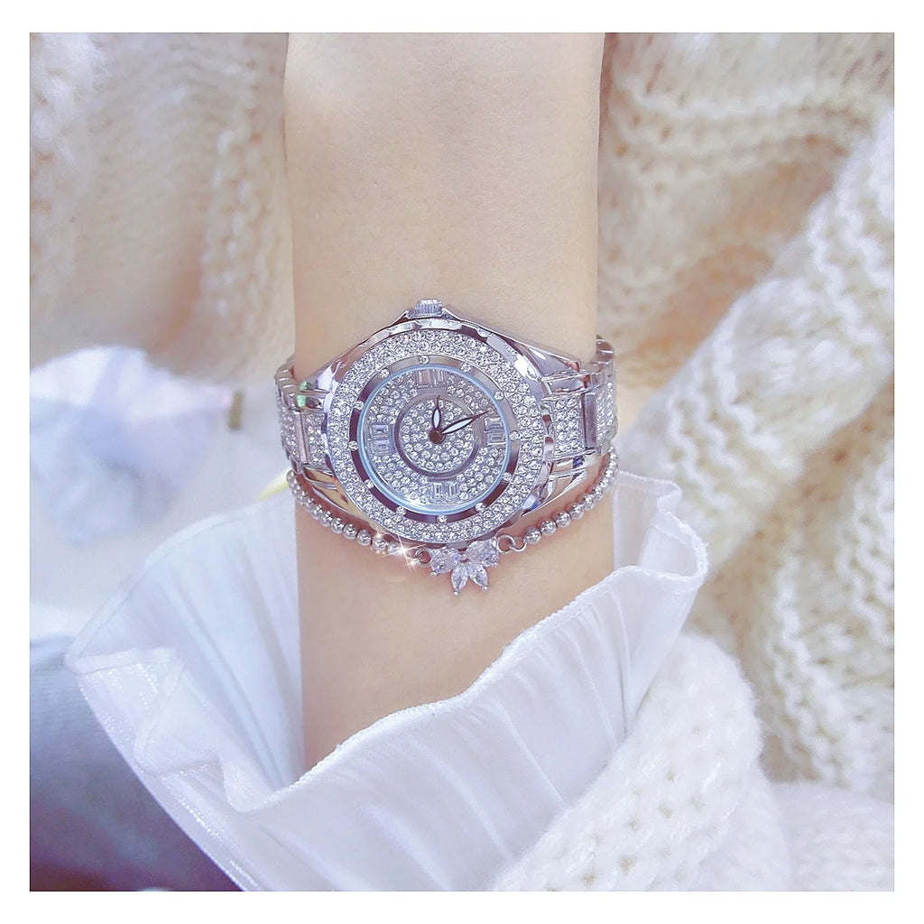 2025 relojes de diamantes de cristal para mujer, reloj elegante Original de oro para mujer con conjunto de pulsera, regalo de oro rosa para novia y esposa