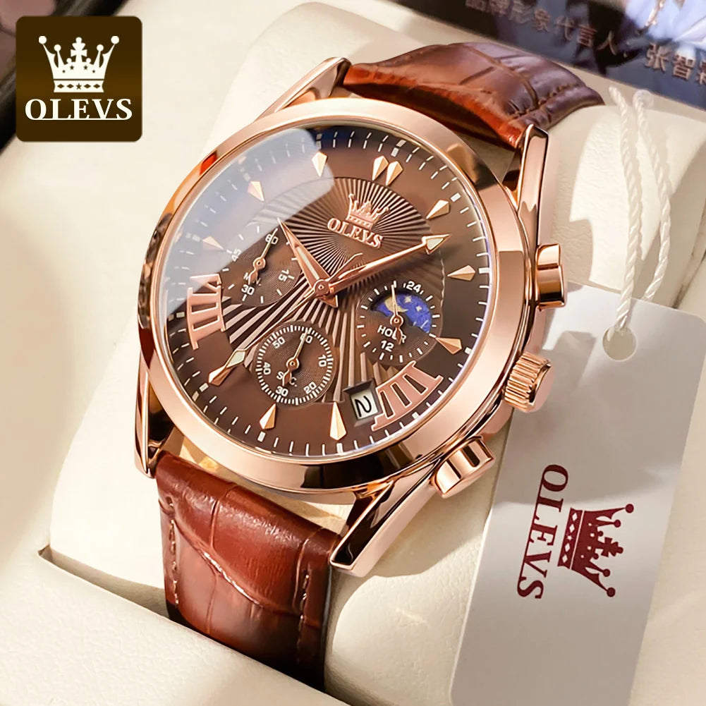 OLEVS 2876 reloj para hombre con correa de cuero reloj de cuarzo resistente al agua fase lunar luminosa relojes cronógrafo multifuncionales para regalo de hombre