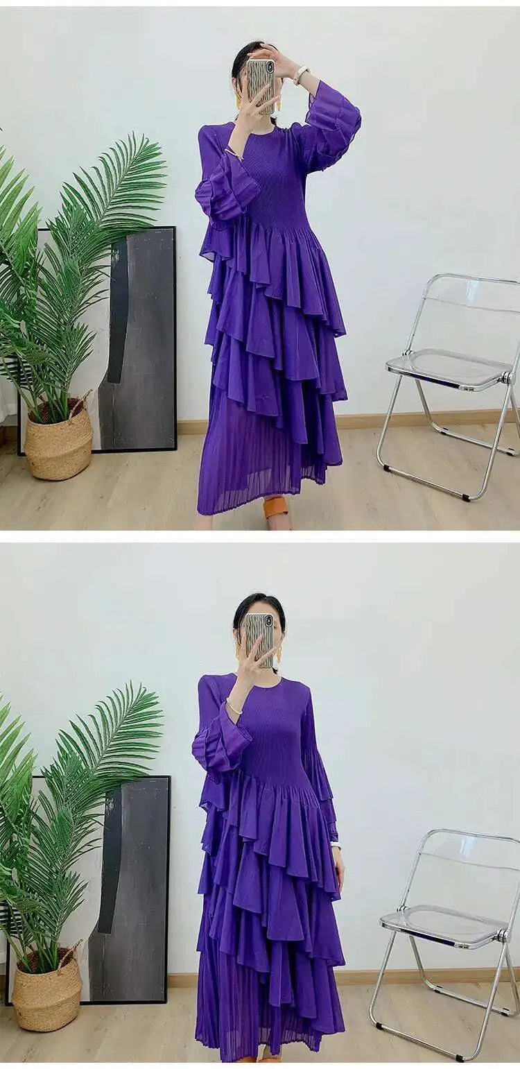 GVUW, vestido plisado para mujer, manga acampanada completa, línea A, volantes empalmados, cuello redondo, fiesta de noche, ropa elegante para mujer 17G4475