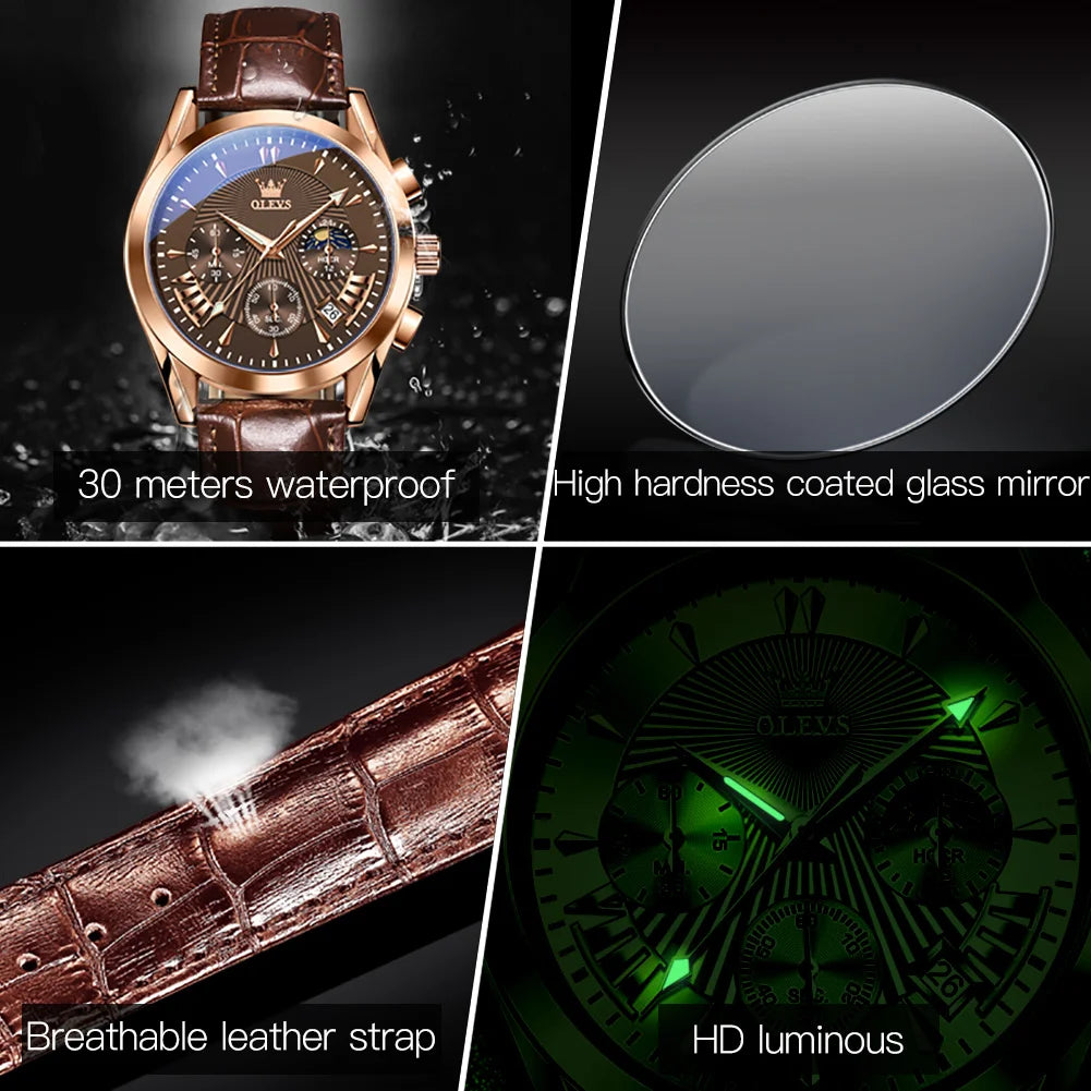 OLEVS-reloj de cuarzo resistente al agua para hombre, cronógrafo de pulsera con correa de cuero, marca de lujo Original, alta calidad, a la moda