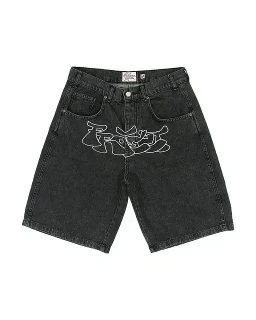 Ropa de calle, pantalones cortos vaqueros holgados de Fitness para hombres y mujeres, pantalones cortos vaqueros con parche gráfico de dibujos animados Harajuku Hip Hop, pantalones cortos góticos Retro azules