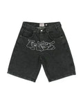 Ropa de calle, pantalones cortos vaqueros holgados de Fitness para hombres y mujeres, pantalones cortos vaqueros con parche gráfico de dibujos animados Harajuku Hip Hop, pantalones cortos góticos Retro azules