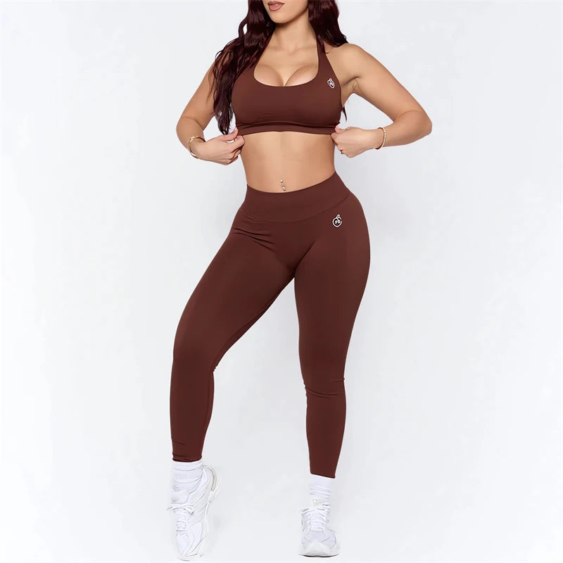 Bum-Conjuntos de Yoga para mujer, mallas moldeadoras con fruncido en la parte de atrás y Sujetador deportivo de impacto, trajes sin costuras, conjunto de sujetador Halter Sexy para gimnasio, 2025