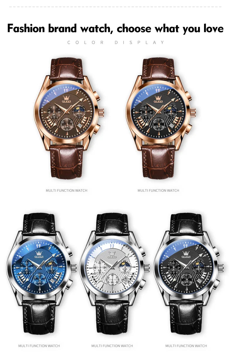 OLEVS 2876 reloj para hombre con correa de cuero reloj de cuarzo resistente al agua fase lunar luminosa relojes cronógrafo multifuncionales para regalo de hombre