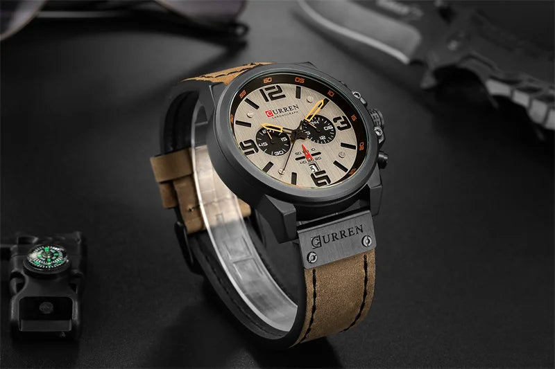 Reloj de pulsera Curren 8314 de cuarzo con calendario militar deportivo con cronógrafo informal para hombre, reloj masculino resistente al agua de cuero de negocios