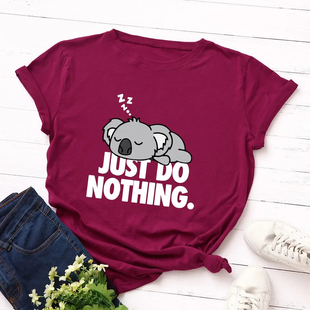 Just Do Nothing - Koala Print T-Shirt for Women, Loose Short-Sleeve Round Neck Blouse, Women's Clothing