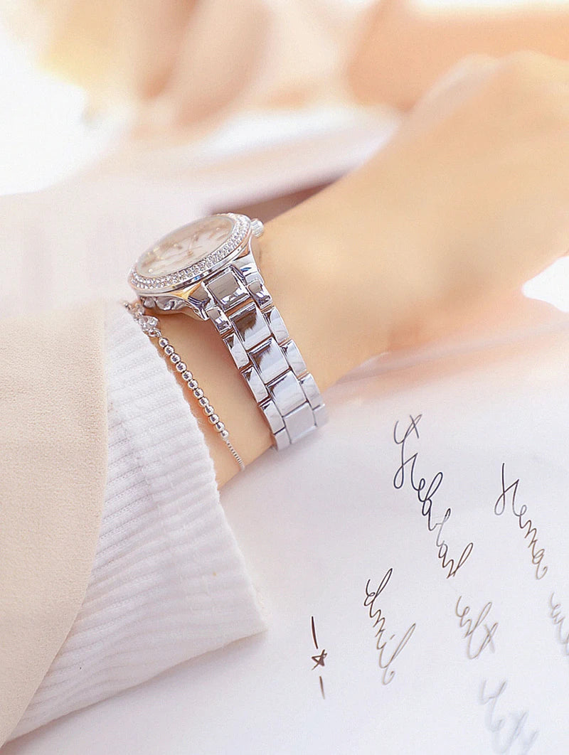 Relojes de pulsera de acero inoxidable para mujer, reloj dorado con diamantes de cristal, plateado