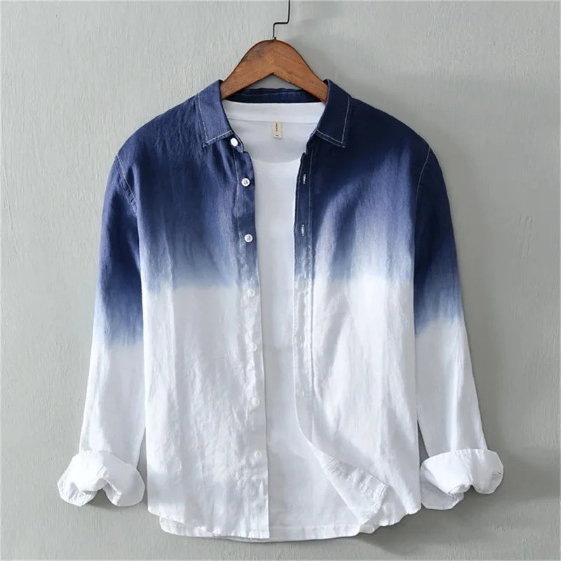 Men's Casual Spring Autumn Long-Sleeve Collared Shirt, Fashionable Light Color Changing 3D Print Linen Shirt, XS-6XL