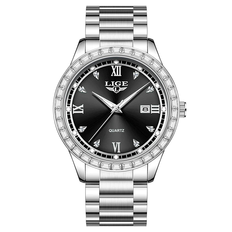Reloj LIGE elegante para mujer, reloj resistente al agua a la moda, reloj luminoso de cuarzo de negocios de acero inoxidable para mujer, reloj de mujer + caja