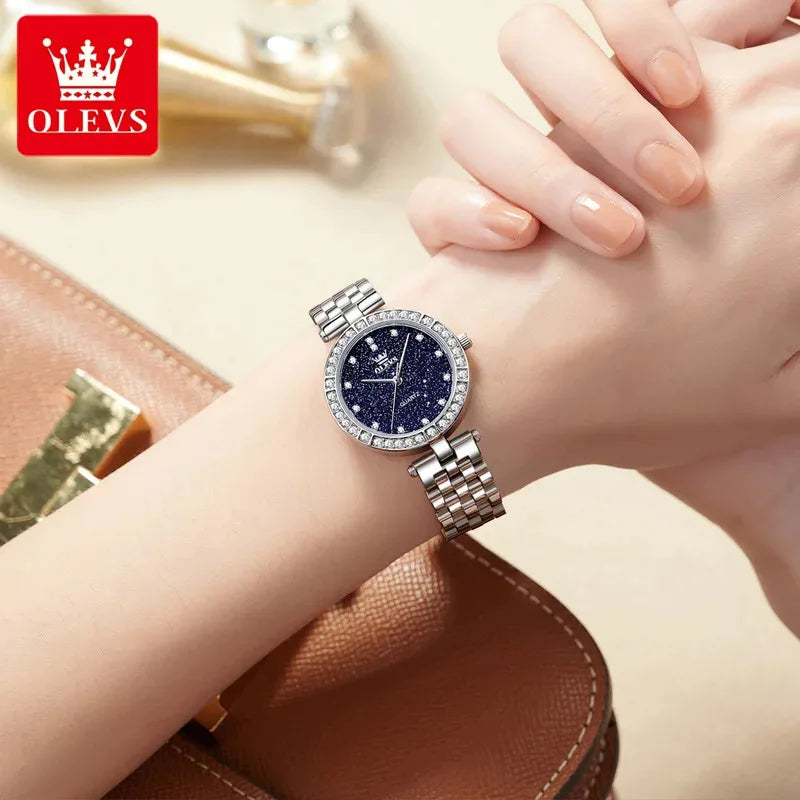 OLEVS 3641 Elegante reloj de cuarzo resistente al agua para mujer Esfera estrellada luminosa de acero inoxidable con caja de regalo - Accesorio de moda para mujer