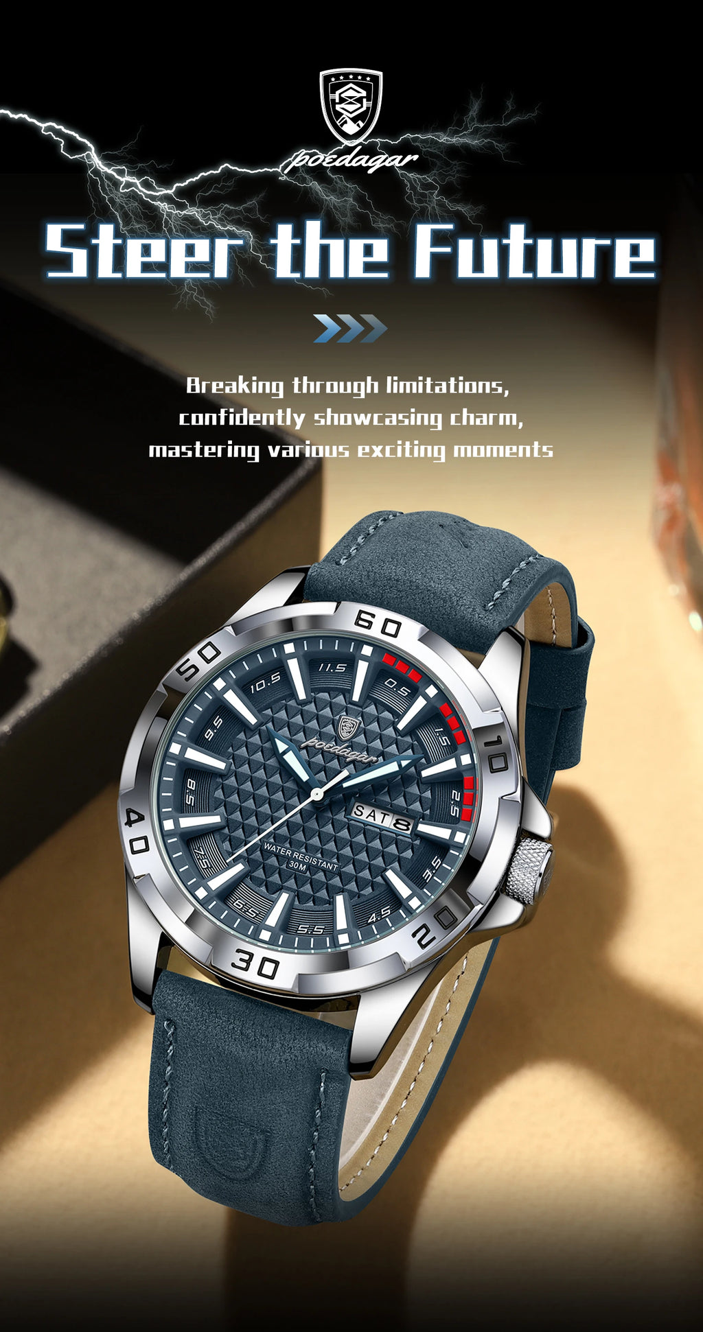 Reloj de pulsera POEDAGAR Original para hombre, Reloj de lujo resistente al agua con fecha luminosa y semana para hombre, relojes deportivos de cuero de cuarzo para hombre