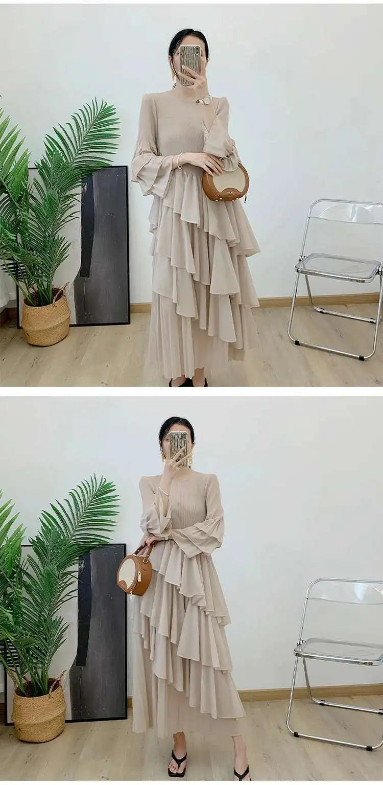 GVUW, vestido plisado para mujer, manga acampanada completa, línea A, volantes empalmados, cuello redondo, fiesta de noche, ropa elegante para mujer 17G4475