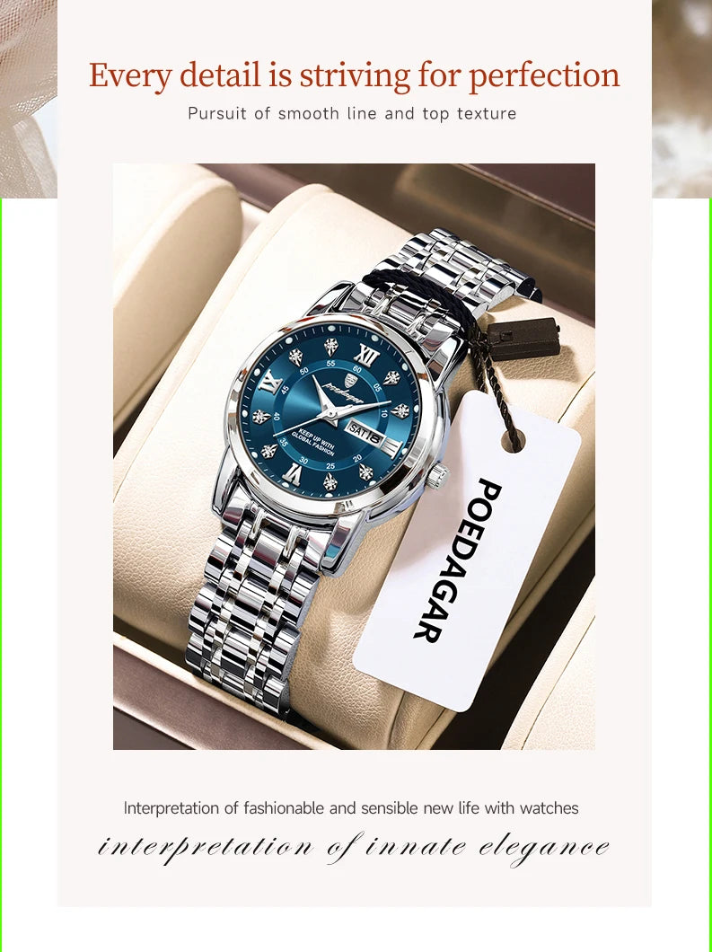 POEDAGAR, reloj de pulsera de lujo para mujer, resistente al agua, luminoso, fecha, semana, relojes para mujer, vestido elegante de acero inoxidable, reloj de cuarzo para mujer
