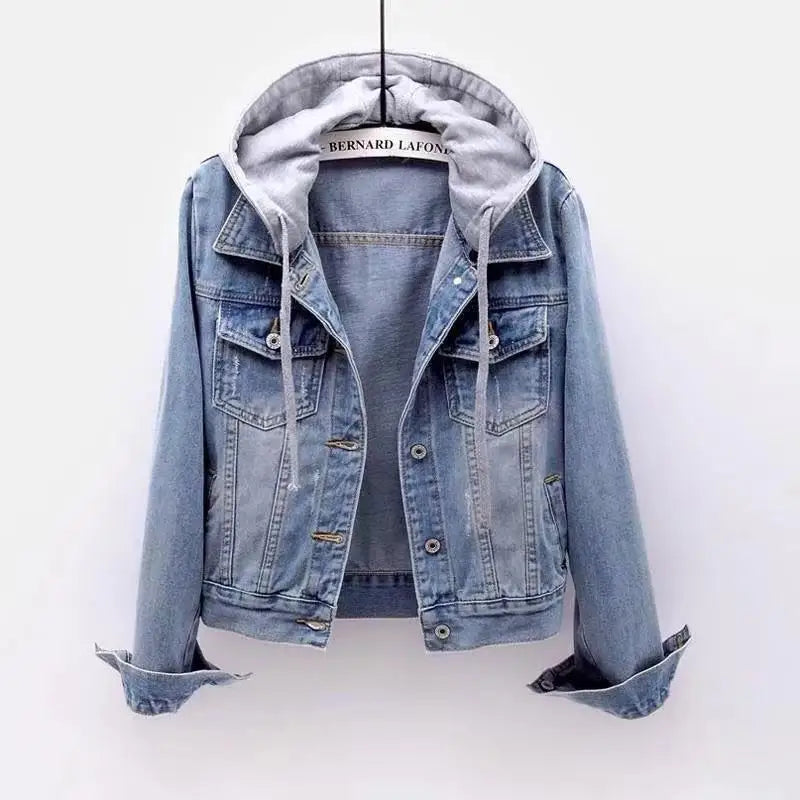 Women's Short Denim Jacket Autumn Winter Korean Slim Long Sleeve Hooded Versatile