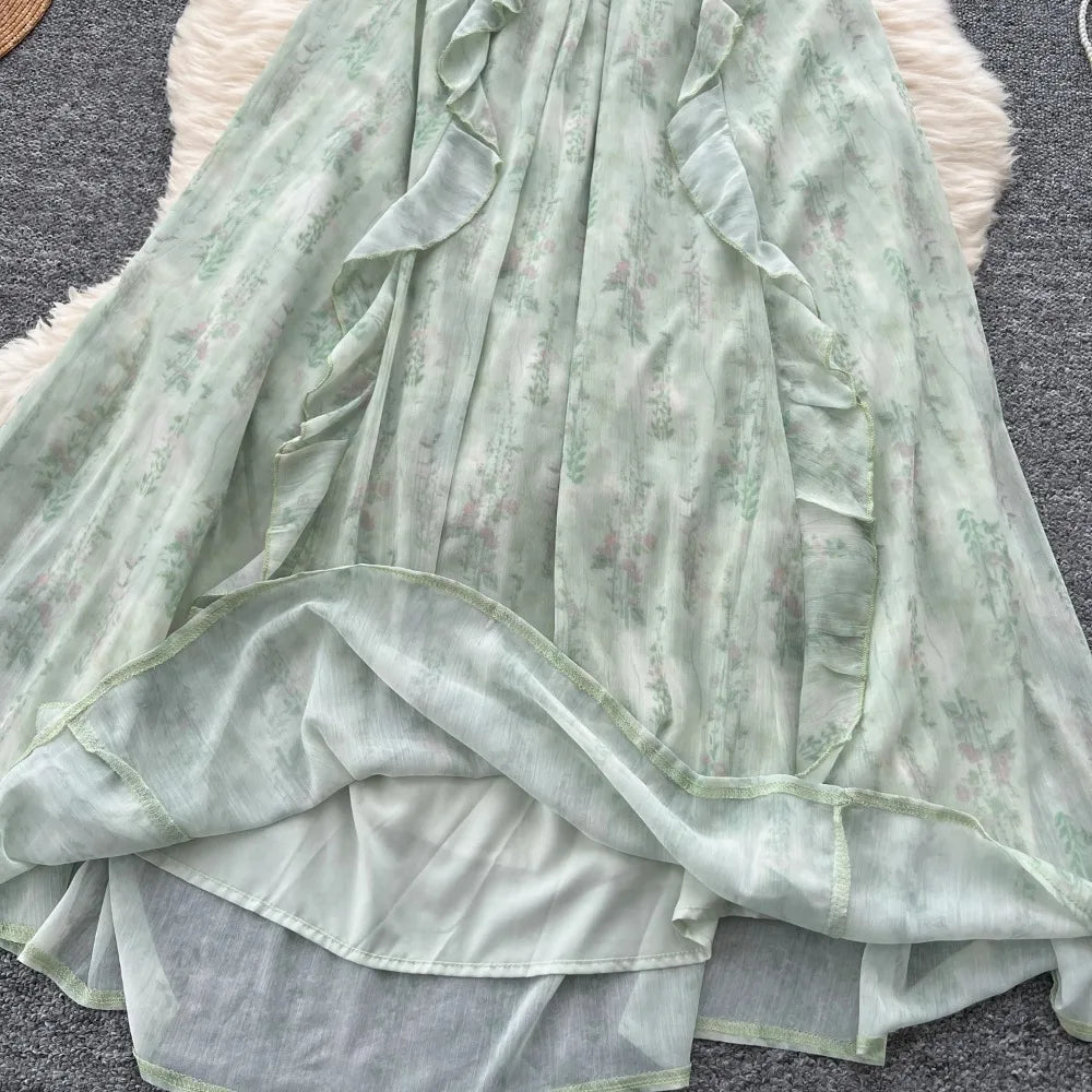 Women's Pleated V-Neck Dress, Elegant Chic Print Clothing, Korean, Sexy, Strappy, Vintage, High Street, Hotsweet, Slim, Fairycore, Summer