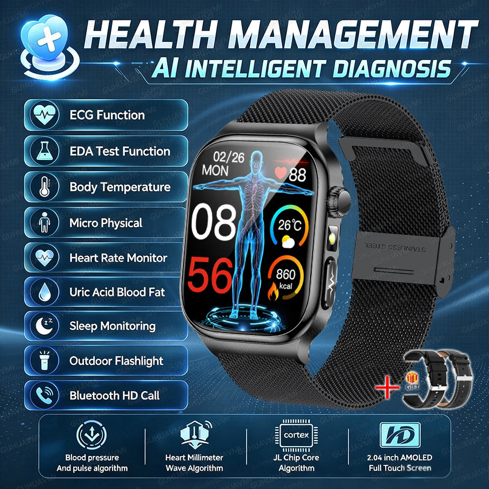 Nuevo Reloj Inteligente de Salud Nivel Hospitalario 2026 con Medición de Grasa Corporal, ECG, Oxígeno en Sangre, Presión Arterial, Pantalla AMOLED HD, Llamadas y Funciones Deportivas para Hombre