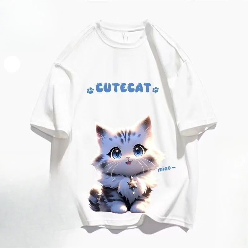 Summer T-Shirt in Cotton Short-Sleeve Cute Cat for Men and Women, Loose, Oversized, Trendy Brand, Five-Sleeve
