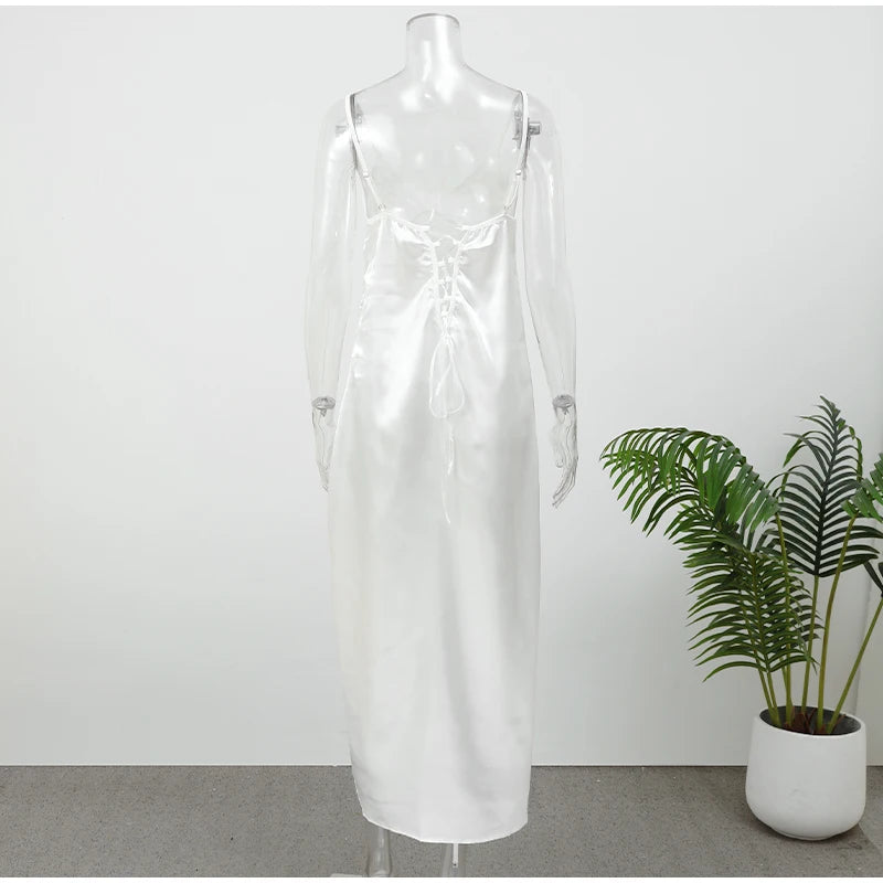 Vestido largo elegante de encaje con retazos para mujer, vestido Sexy con cuello en V sin mangas y espalda descubierta de satén, vestido largo ajustado, vestidos de fiesta de noche para mujer 2025