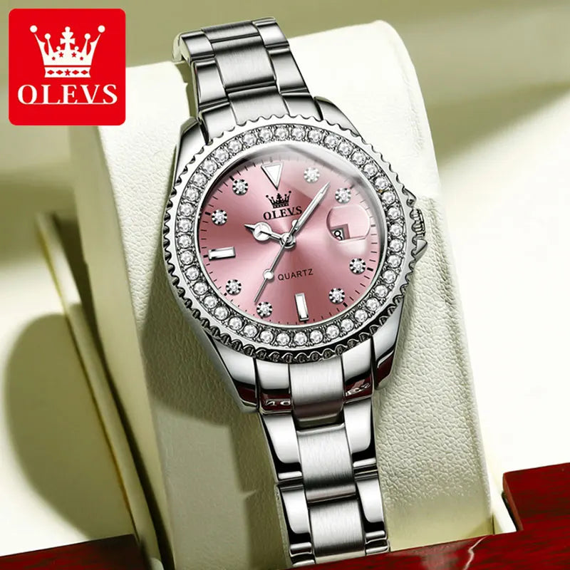 Reloj de cuarzo OLEVS Original con esfera de diamantes para mujer, relojes de moda para mujer, reloj de pulsera luminoso resistente al agua de acero inoxidable para mujer