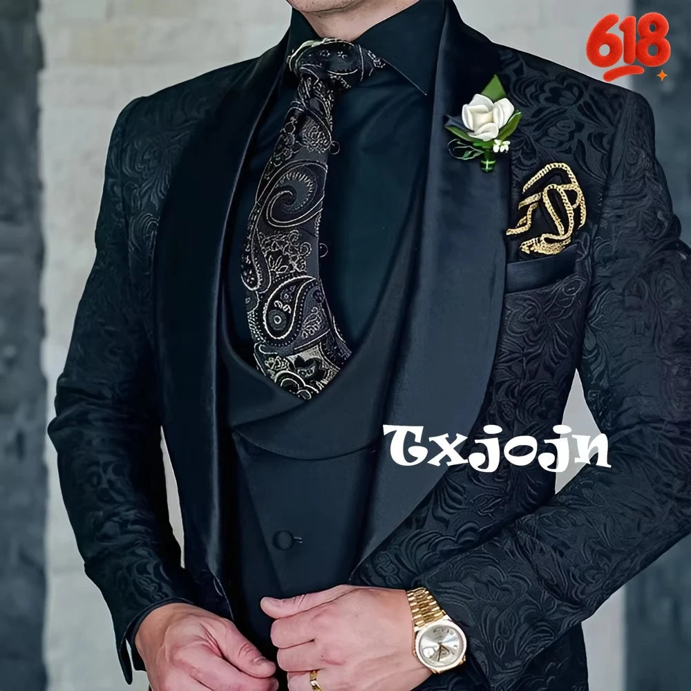 Exquisitos trajes de jacquard de 3 piezas para hombre, conjuntos de novio de boda, bonito conjunto de traje con solapa y chal, ropa de baile, esmoquin Formal para negocios