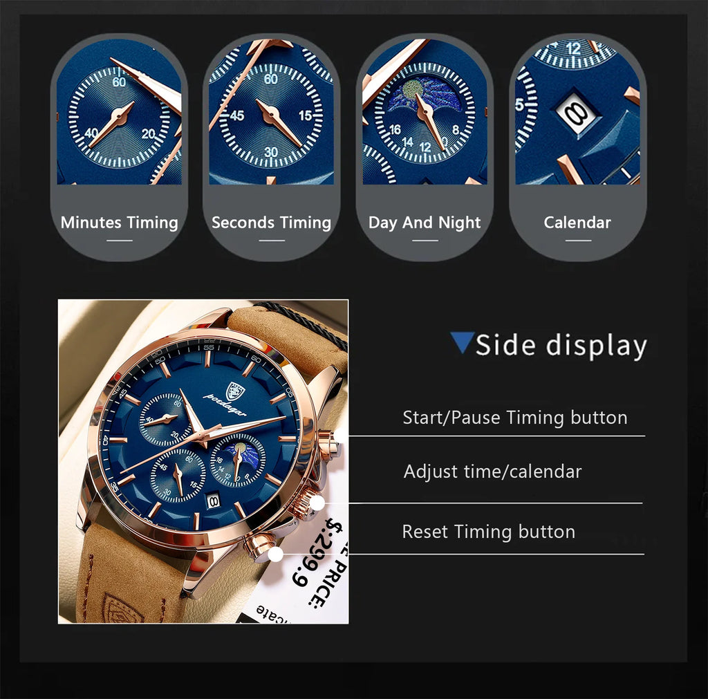 POEDAGAR, reloj deportivo de cuarzo de lujo para hombre, cronógrafo resistente al agua, reloj de pulsera luminoso con fecha para hombre, relojes de cuero de negocios para hombre