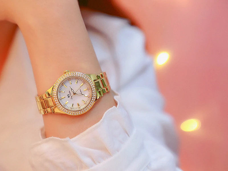 Relojes de pulsera de acero inoxidable para mujer, reloj dorado con diamantes de cristal, plateado
